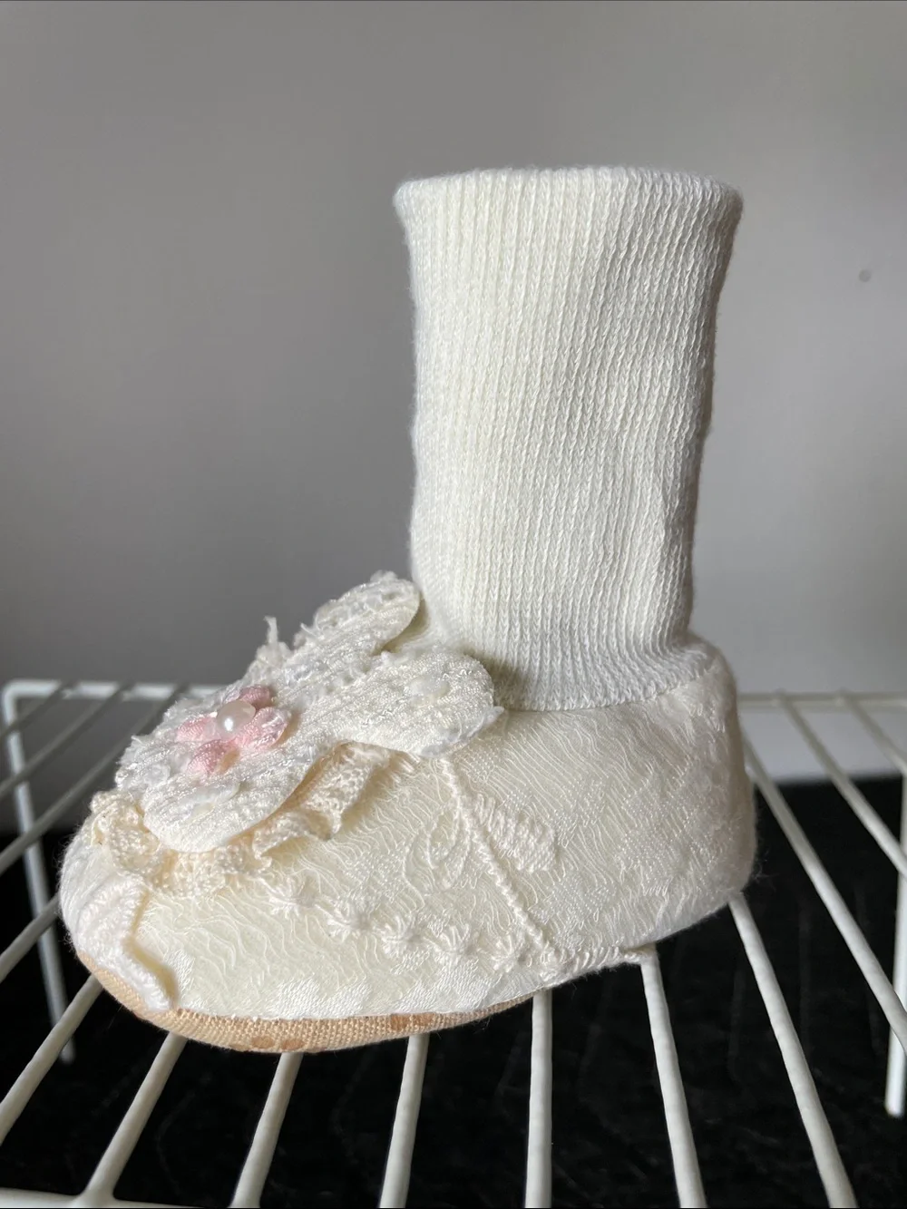 Adorable Cream Baby Slippers with Lace